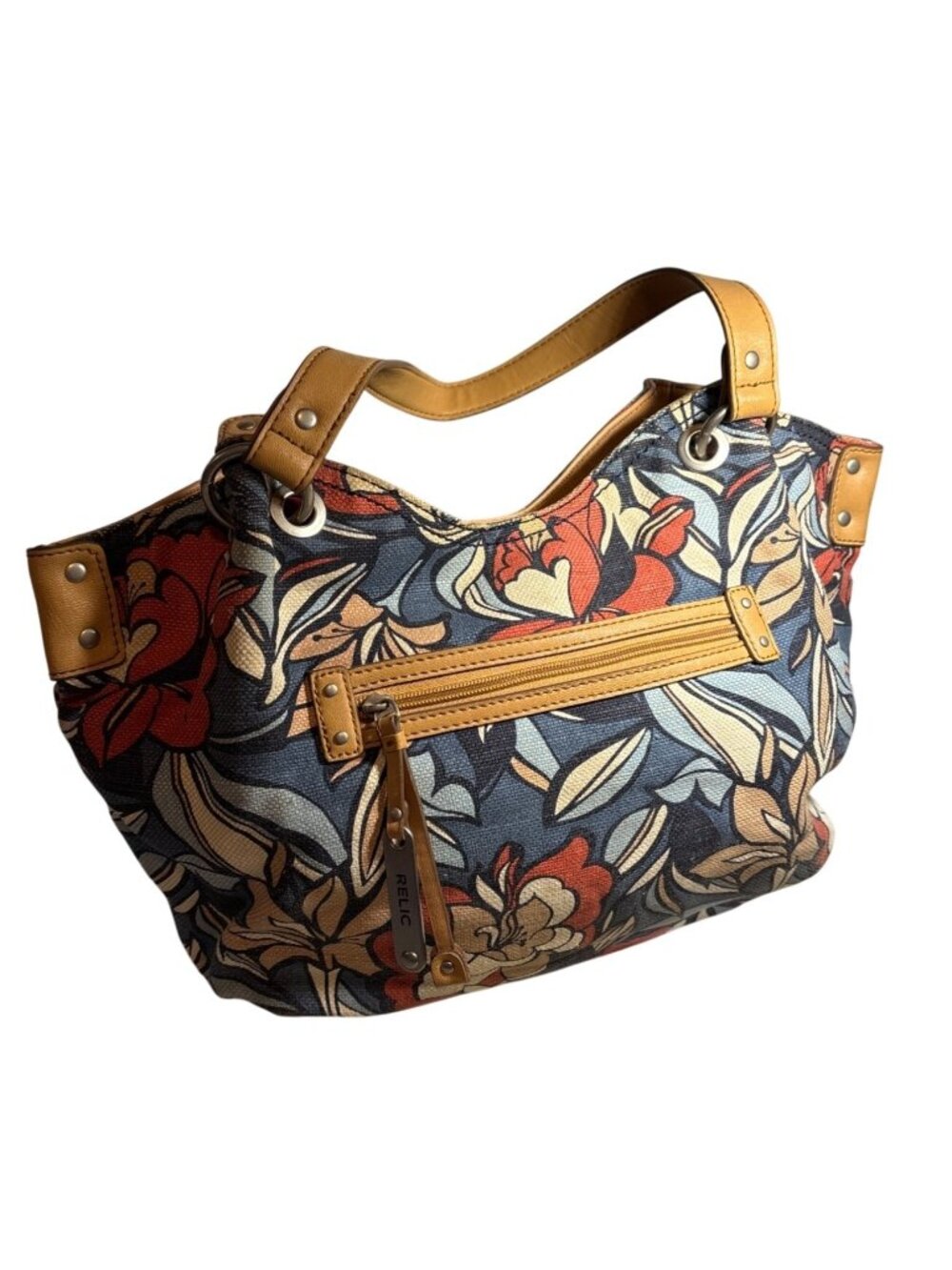 Relic Floral Canvas & Faux Leather Tote Shoulder Bag PursePolka Dot Lining